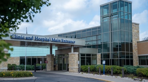 exterior photo of main entrance to Aspirus Langlade Hospital and Aspirus Antigo Clinic in Antigo, WI