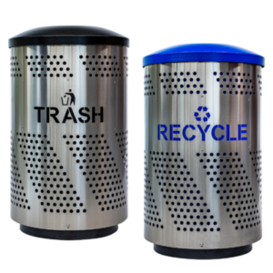 Perforated stainless steel TRASH and RECYCLE bins from the Venue Collection with laser-cut labels.