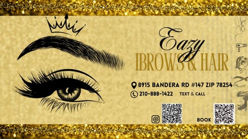 Gold version of logo with business information next to it
