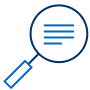 Blue magnifying glass icon on a black background with horizontal lines inside the lens, symbolizing search or review. Minimalist and modern design.