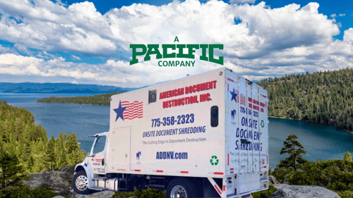 American Document Destruction mobile shredding truck superimposed on a background of Lake Tahoe in the daytime. Above the truck is the phrase, "A Pacific Company."