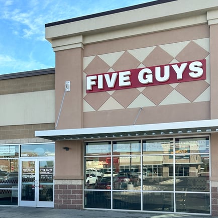 Exterior photograph of the Five Guys restaurant at 5060 East Second Street in Casper Wyoming.