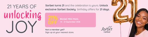 Sorbet Nailbar celebrates 21 years with 21% off a BioGel mini manicure from 14–21 September 2026.