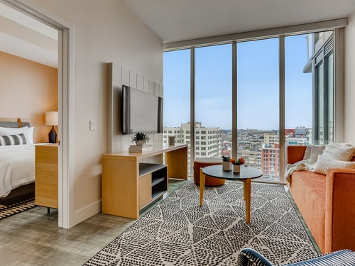 Living Room with a View at Sentral DTLA at 732 S. Spring