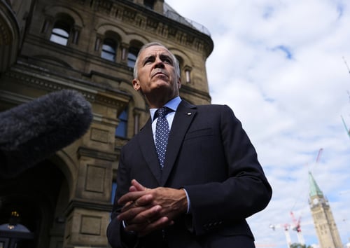 Mark Carney speaks to reporters about Canadian counter tariffs.