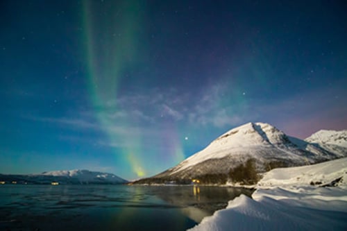 Northern lights shining above a snowcapped hill sitting on a body of water.