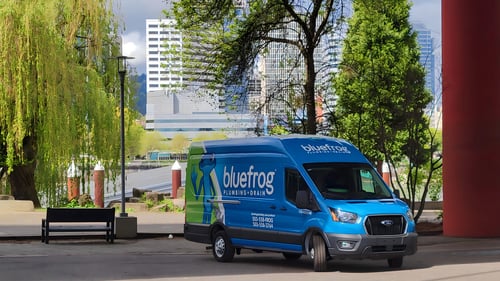 a bluefrog van by the Portland waterfront with downtown in the background