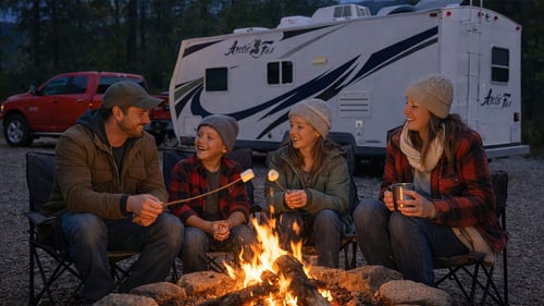 Family camping roasting marshmallows