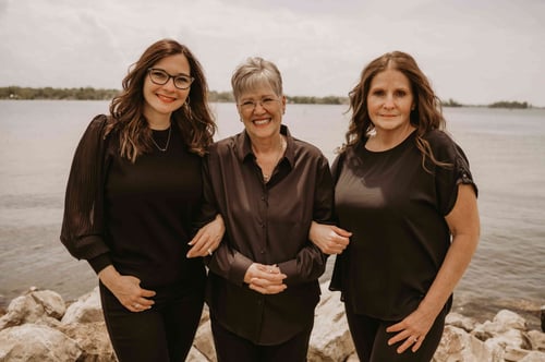 Three women dressed in black standing together in front of a body of water outdoors