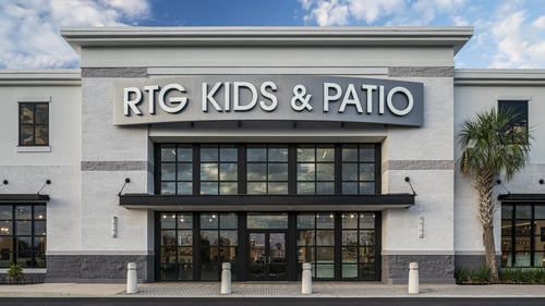 The main entrance of the RTG Kids & Patio store featuring bold signage, large black-framed glass windows, and a clean white facade accented by a palm tree under a blue sky with scattered clouds.