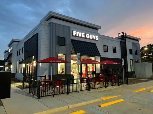 Exterior photograph of the Five Guys restaurant at 410 Herlong Avenue in Rock Hill, South Carolina.