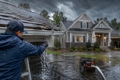 Technician clears a clogged gutter during heavy rain outside a suburban home to help prevent storm-related water damage.