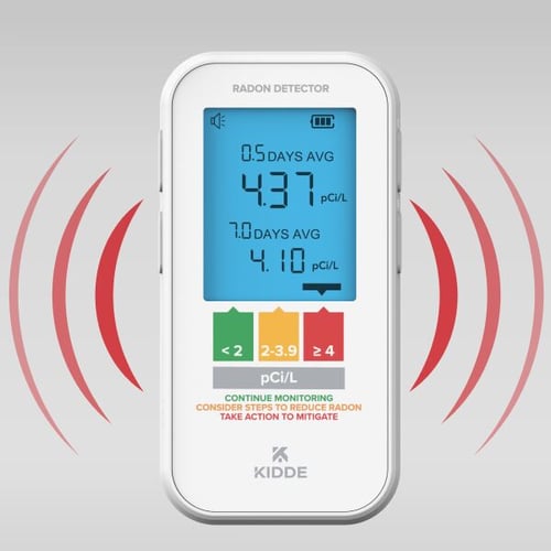 A picture of the radon detector emitting an alarm, and rates are above 400 pCi/L.