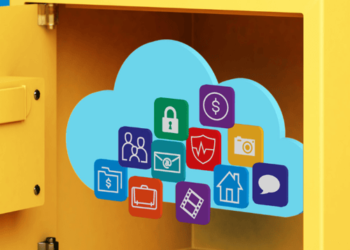 Cartoon of a safe which holds icons representing someone's digital identity