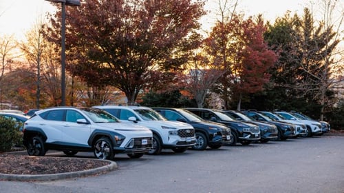 Hyundai cars parked in a row outside of car dealership, Flow Hyundai of Charlottesville, located in Pantops Virginia