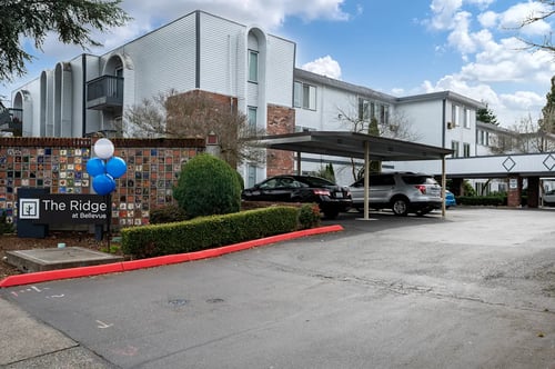 the ridge condominiums building entrance and parking lot, Bellevue, WA