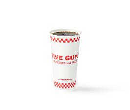 Artículos de comida de Five Guys incluyendo un vaso de papas fritas, una hamburguesa doble con queso e ingredientes, y una bebida