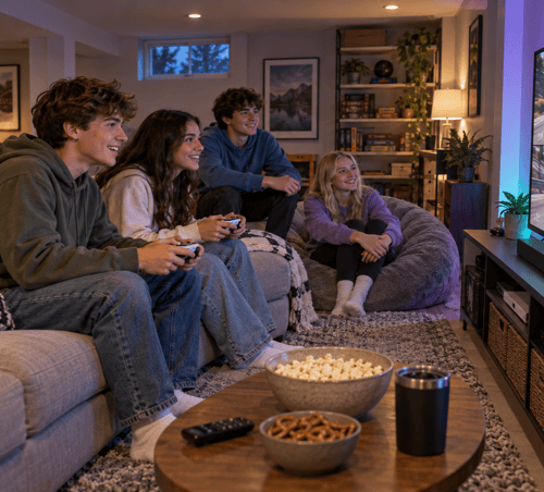 Four teenage friends enjoying a split-screen racing game in a basement recreation room with purple and cyan accent lighting.