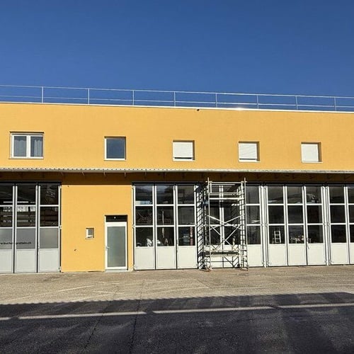 Sanierung Gewerbegebäude, Eingangstüre Aluminium, Kunststofffenster, Rollladen