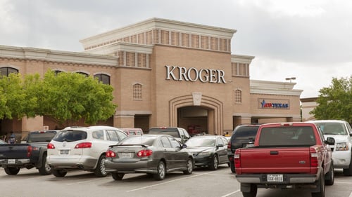 Full parking lot in front of Kroger at Spencer Square shopping center