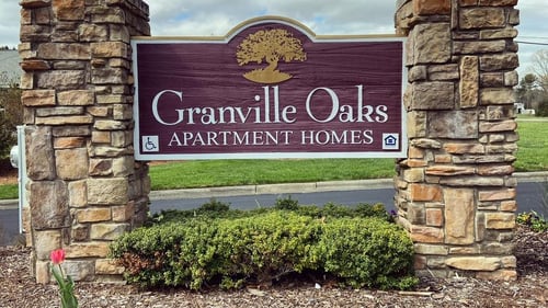 Property signage at Granville Oaks Apartment Homes, Creedmoor, NC 27522