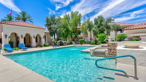 Resort-style pool with tree lined view at Ventana, Scottsdale, 85260