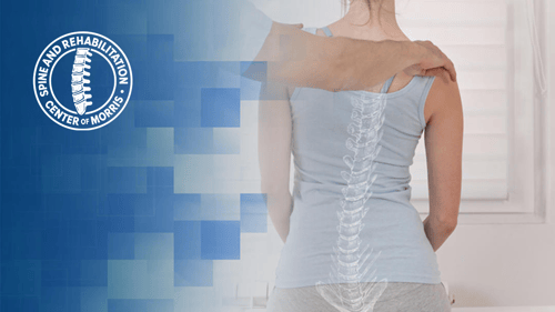 A woman being adjusted by a chiropractor with the logo for Spine and Rehabilitation of Morris in the top left corner