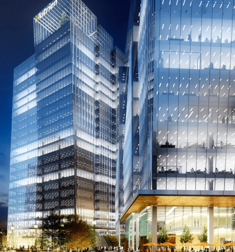 Tall modern glass skyscrapers lit up at night, people gathered below. Urban, corporate atmosphere with a sleek, futuristic tone.