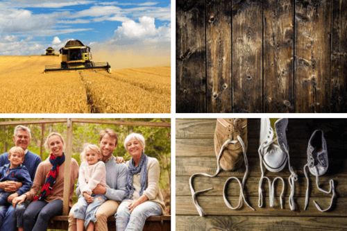 A collage of photos featuring a tracker driving through a wheat field, a family photo, and wood textures.