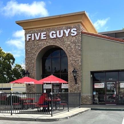 Exterior photograph of the Five Guys restaurant at 19621 Hesperian Boulevard in Hayward California.