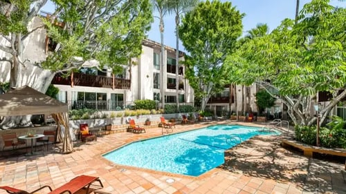 Apartment Complex with Pool at Mediterranean Village West Hollywood, California