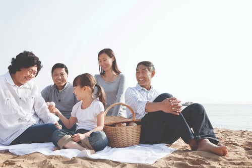 A joyful family sits on a beach enjoying a picnic. They share smiles under a bright sky. A wicker basket sits on a blanket, adding to the warm, relaxed atmosphere.