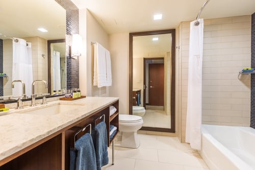 Guestroom with bathtub/shower combination.