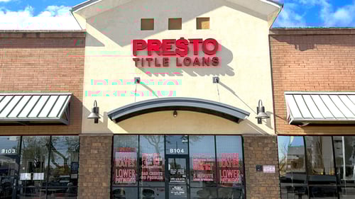 Presto Title Loans Phoenix storefront on West Indian School Road just east of 27th Avenue near I 17 offering auto title loans, online title loans, and title loan buyouts with same day cash and fifteen minute approvals