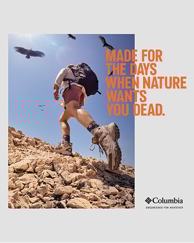 Columbia Engineered for whatever. Person hiking in desert with vultures flying overhead.