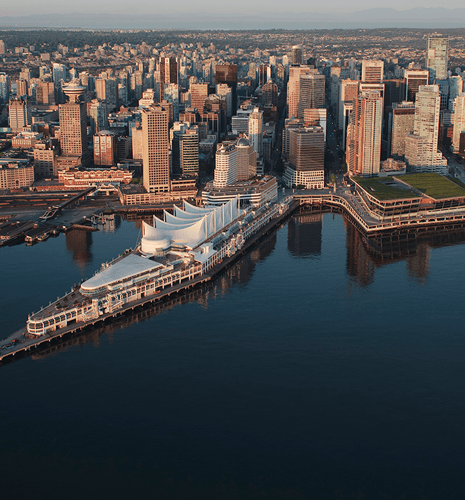 The Vancouver harbour skyline at dusk.