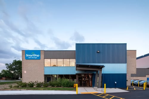 SmartStop Self Storage exterior main entrance at 135 Matheson Blvd E in Mississauga, ON