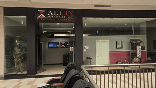 All In Adventures Escape Rooms Storefront located at Crossgates Mall in Albany, NY with multiple escape room themes that are perfect for all ages.