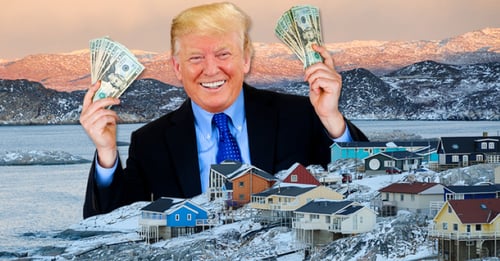 A cut-out image of Donald Trump waving cash in both hands over a view of an East Coast town in Canada.