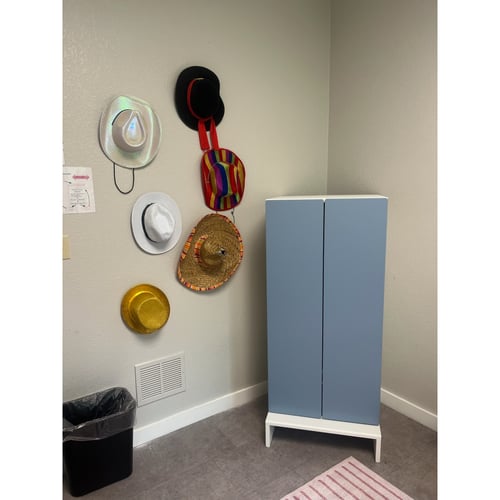 Therapy equipment storage wall.