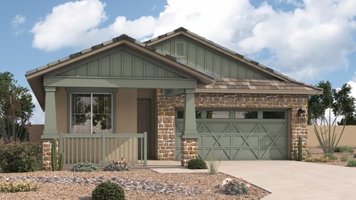 new single-story home with green and stone exterior