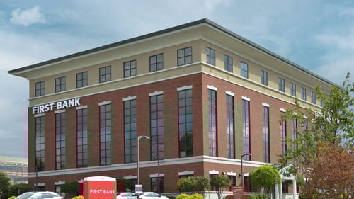 First Bank Greensboro branch exterior with sign.