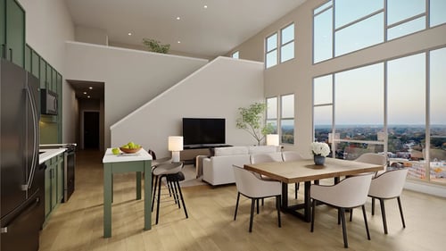 Rendering of a spacious unit with living room and kitchen at The Ace in Richmond, VA 23230