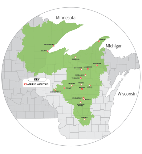map showing the Aspirus Health service area and hospitals