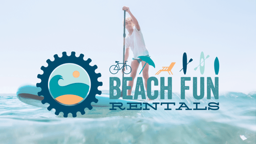 Beach Fun Rentals logo over person on a stand up paddle board in the ocean.