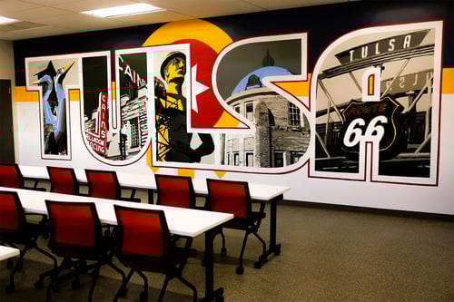 Interior of banking center depicting famous Tulsa scenery.