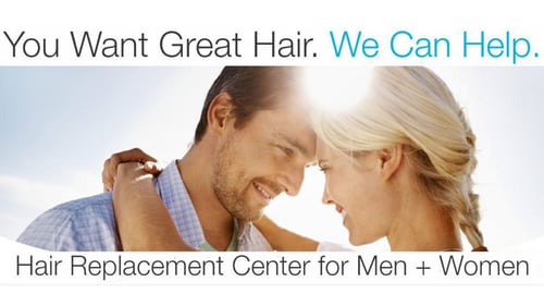 Man and woman embracing with info about hair restoration around them