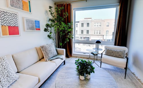 Contemporary living room at The Gio with a light beige sofa, a cream accent chair, framed abstract art, and a tall plant next to large windows overlooking an urban street.