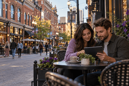 Couple sharing a tablet at an outdoor café in Denver’s Larimer Square, with historic brick buildings and overhead string lights.