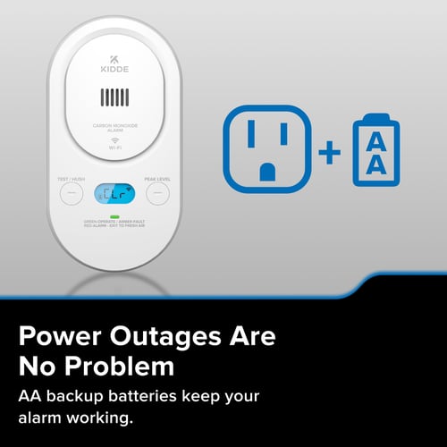 Power outages are no problem. AA backup batteries keep your alarm working.